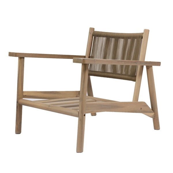 English Elm Acacia Wood Outdoor Armchair with Woven Rope Back and Cushion for Patio Spaces Warm Grey N776P427177E