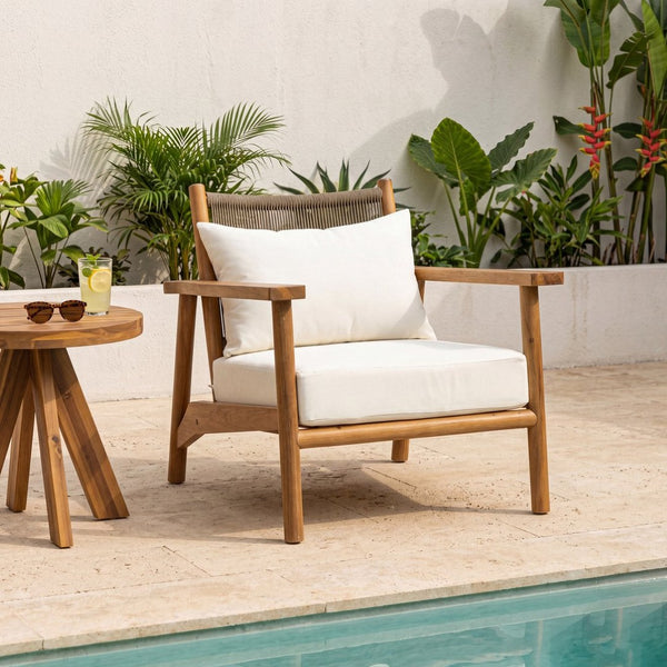 English Elm Acacia Wood Outdoor Armchair with Woven Rope Back and Cushion for Patio Spaces Teak N776P427177T