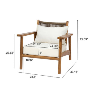 English Elm Acacia Wood Outdoor Armchair with Woven Rope Back and Cushion for Patio Spaces Teak N776P427177T