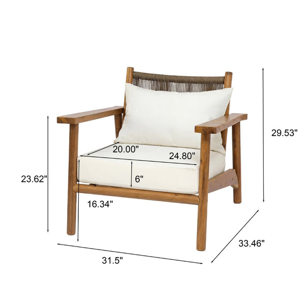 English Elm Acacia Wood Outdoor Armchair with Woven Rope Back and Cushion for Patio Spaces Teak N776P427177T