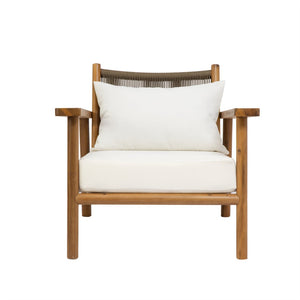 English Elm Acacia Wood Outdoor Armchair with Woven Rope Back and Cushion for Patio Spaces Teak N776P427177T