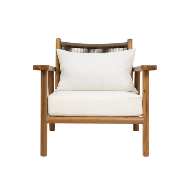 English Elm Acacia Wood Outdoor Armchair with Woven Rope Back and Cushion for Patio Spaces Teak N776P427177T