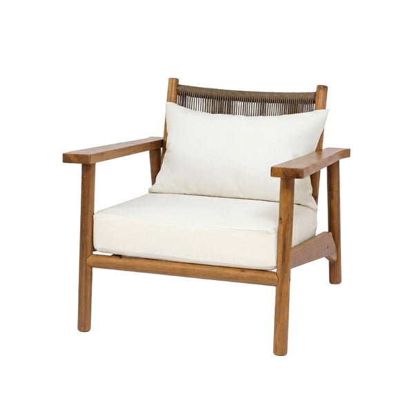 English Elm Acacia Wood Outdoor Armchair with Woven Rope Back and Cushion for Patio Spaces Teak N776P427177T