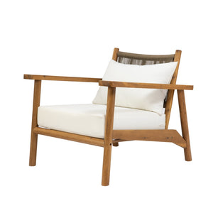English Elm Acacia Wood Outdoor Armchair with Woven Rope Back and Cushion for Patio Spaces Teak N776P427177T