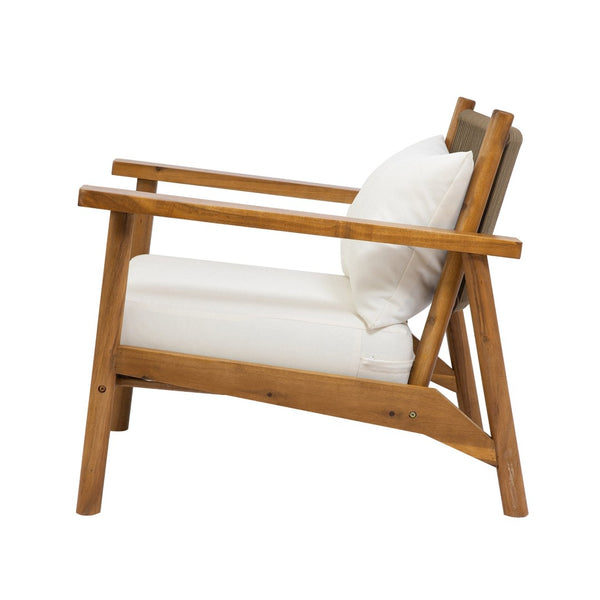 English Elm Acacia Wood Outdoor Armchair with Woven Rope Back and Cushion for Patio Spaces Teak N776P427177T
