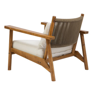 English Elm Acacia Wood Outdoor Armchair with Woven Rope Back and Cushion for Patio Spaces Teak N776P427177T