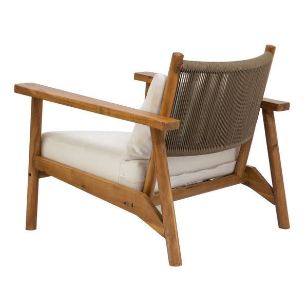 English Elm Acacia Wood Outdoor Armchair with Woven Rope Back and Cushion for Patio Spaces Teak N776P427177T