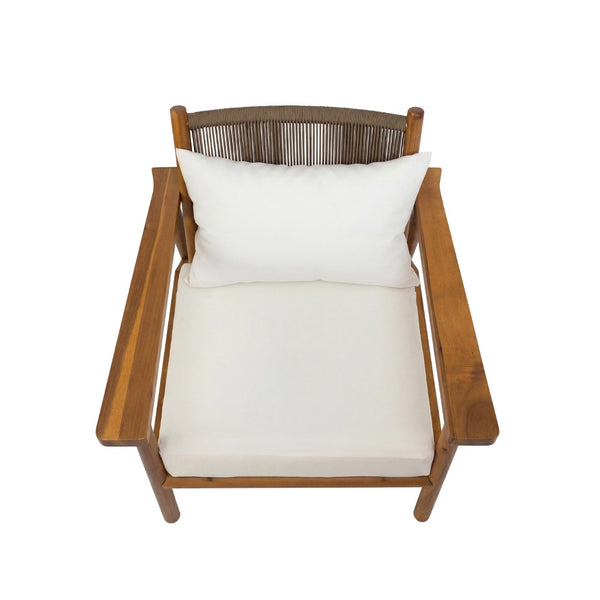 English Elm Acacia Wood Outdoor Armchair with Woven Rope Back and Cushion for Patio Spaces Teak N776P427177T