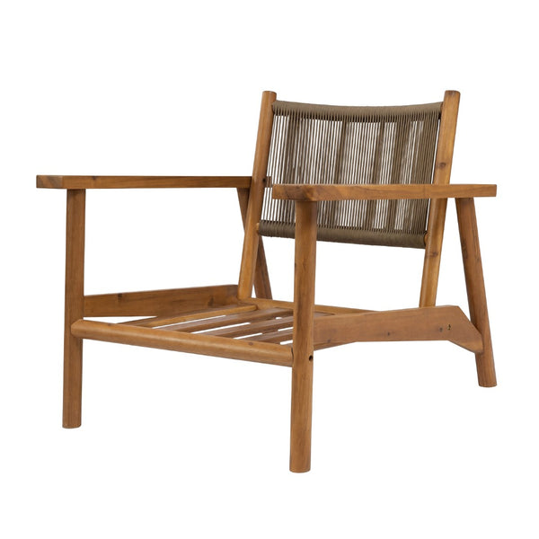 English Elm Acacia Wood Outdoor Armchair with Woven Rope Back and Cushion for Patio Spaces Teak N776P427177T