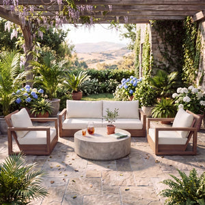 English Elm 3 Piece Westchester Acacia Wood Outdoor Chat Set with Swivel Chairs and Loveseat N776P430484B-2_N776P440227B