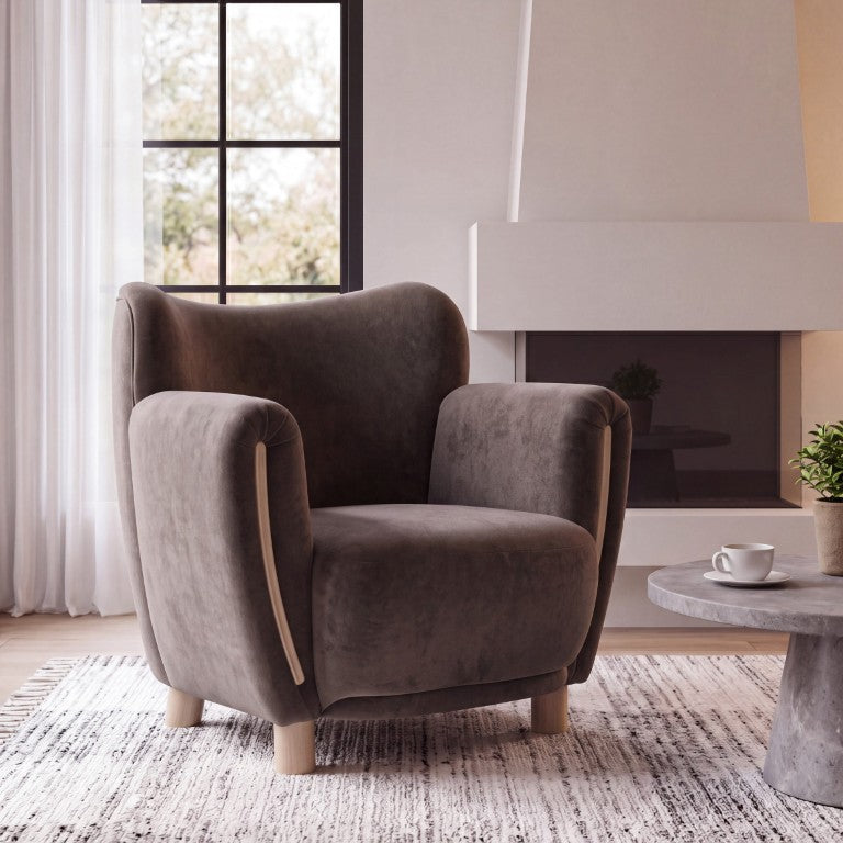 English Elm Cozy Wingback Velvet Accent Chair with Wood Legs for Mid-Century Modern Living Rooms N776P434669D