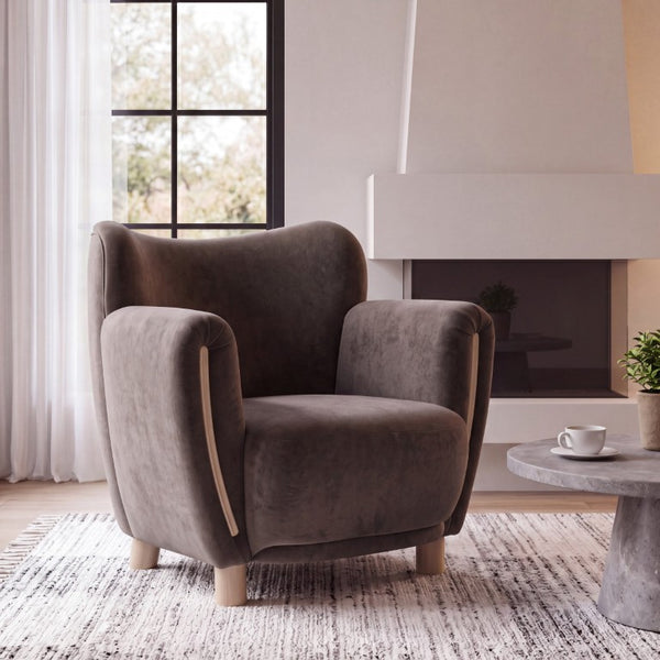 English Elm Cozy Wingback Velvet Accent Chair with Wood Legs for Mid-Century Modern Living Rooms N776P434669D