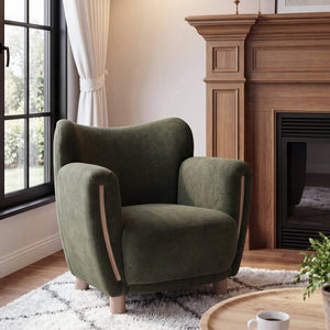 English Elm Cozy Wingback Velvet Accent Chair Mid Century Silhouette with Dark Wood Legs Olive Green N776P434669G