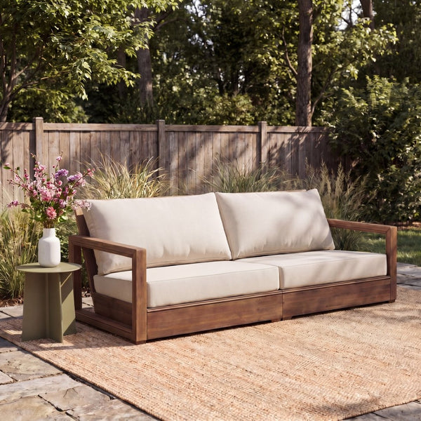 English Elm Westchester Acacia Wood Outdoor Sofa Mid-century Slat Design for Patio Lounging N776P440227B