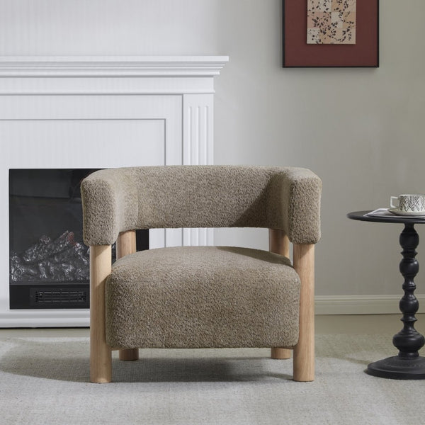 English Elm Boucle Textured Accent Chair with Rubberwood Legs for Living Room or Bedroom Camel N776P446174B
