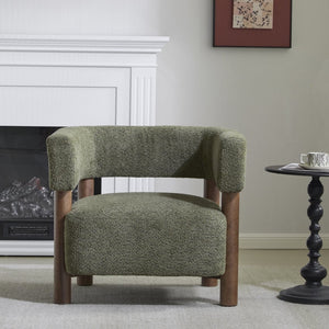 English Elm Boucle Textured Accent Chair with Rubberwood Legs for Living Room or Bedroom Olive Green / Walnut N776P446174G