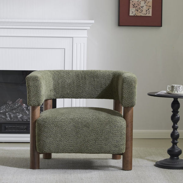 English Elm Boucle Textured Accent Chair with Rubberwood Legs for Living Room or Bedroom Olive Green / Walnut N776P446174G