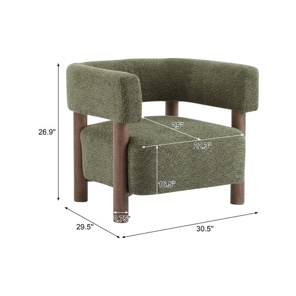 English Elm Boucle Textured Accent Chair with Rubberwood Legs for Living Room or Bedroom Olive Green / Walnut N776P446174G