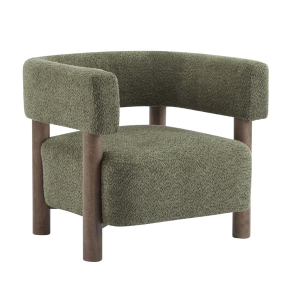 English Elm Boucle Textured Accent Chair with Rubberwood Legs for Living Room or Bedroom Olive Green / Walnut N776P446174G
