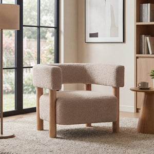 English Elm Boucle Textured Accent Chair with Rubberwood Legs for Living Room or Bedroom Natural / Wheat N776P446174L