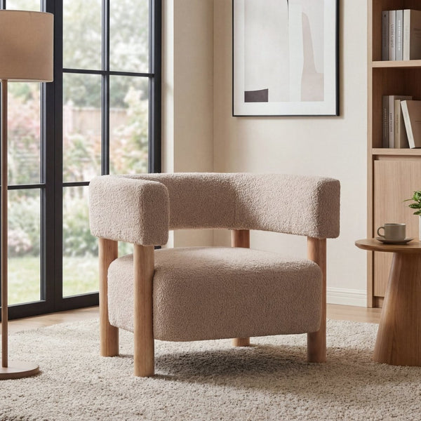 English Elm Boucle Textured Accent Chair with Rubberwood Legs for Living Room or Bedroom Natural / Wheat N776P446174L