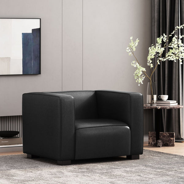 English Elm N776p446352b Pu Leather Accent Chair Squared Arms Modern Geometric Silhouette for Office Black N776P446352B