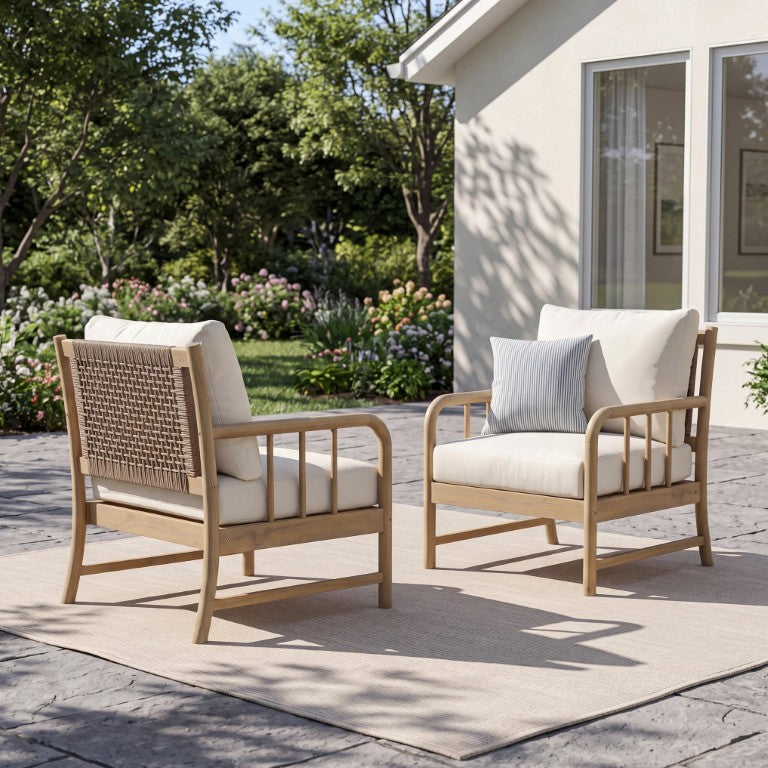 English Elm Porto Outdoor Acacia Wood Armchairs with Woven PE Rattan Back and Padded Cushions N776P454932L-2