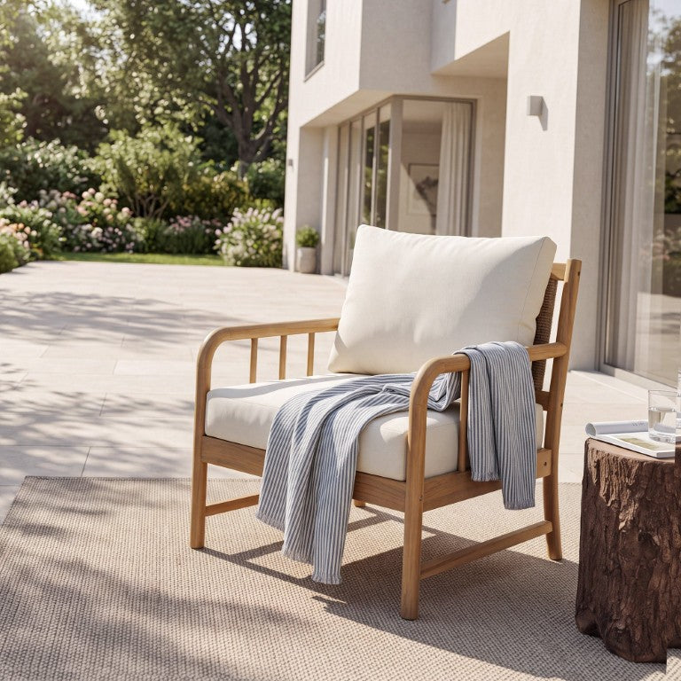 English Elm Porto Outdoor Acacia Wood Armchair with Woven PE Rattan Back and Cushioned Seat Light Teak 1 Piece N776P454932L