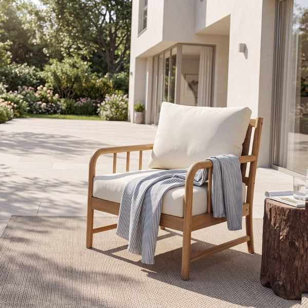 English Elm Porto Outdoor Acacia Wood Armchair with Woven PE Rattan Back and Cushioned Seat Light Teak 1 Piece N776P454932L