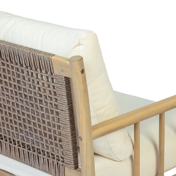 English Elm Porto Outdoor Acacia Wood Armchair with Woven PE Rattan Back and Cushioned Seat Light Teak 1 Piece N776P454932L