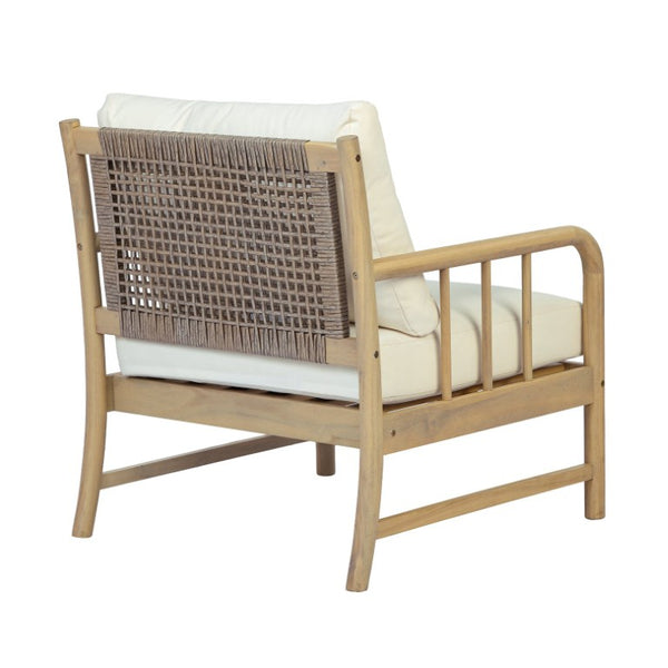 English Elm Porto Outdoor Acacia Wood Armchair with Woven PE Rattan Back and Cushioned Seat Light Teak 1 Piece N776P454932L