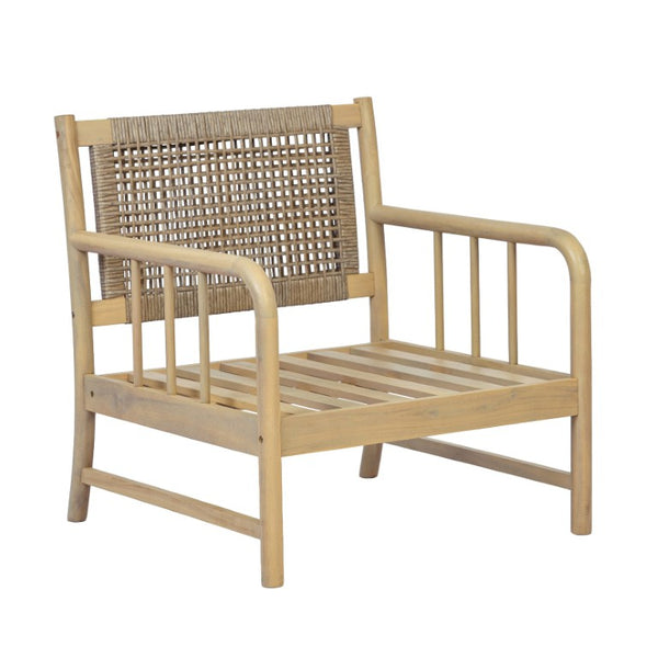 English Elm Porto Outdoor Acacia Wood Armchair with Woven PE Rattan Back and Cushioned Seat Light Teak 1 Piece N776P454932L