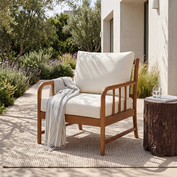 English Elm Porto Solid Acacia Patio Armchair with Woven PE Rattan Back and Cushioned Seat N776P454932T
