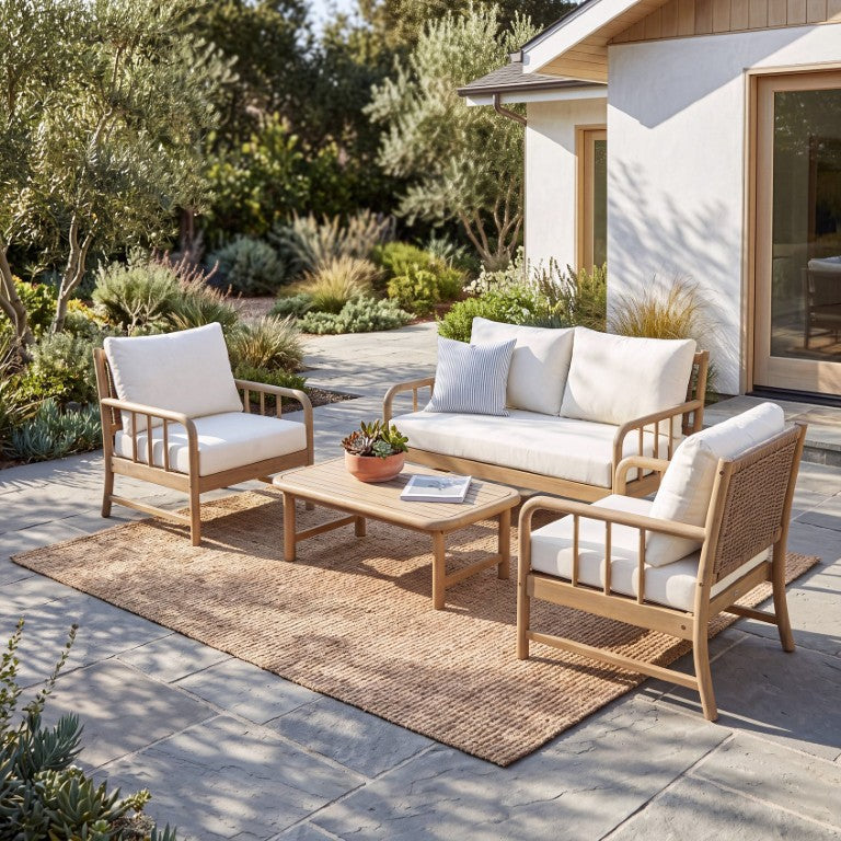 English Elm Porto Outdoor 4 Piece Acacia Wood Chat Set with PE Rattan Backs and Cushions N776P454933L_N776P454932L-2
