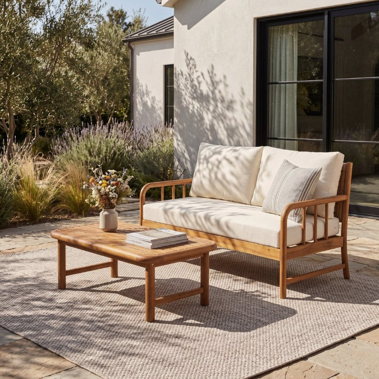English Elm Porto Outdoor Acacia Wood PE Rattan Loveseat Set for Patio Porch and Sunroom Loveseat and Coffee Table N776P454933T