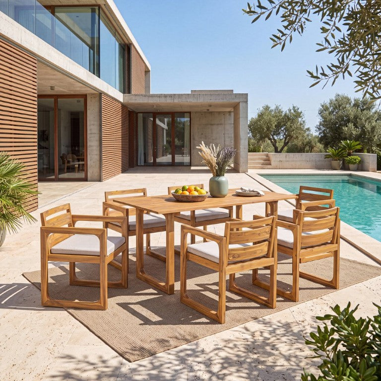 English Elm Mykonos Solid Acacia Wood Outdoor Dining Set Seats Six with Mid-Century Slatted Style N776P466782N_N776P466783N-6