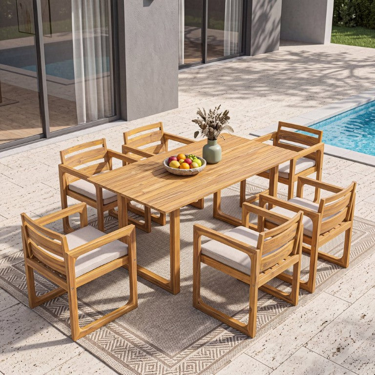 English Elm Mykonos Solid Acacia Wood Outdoor Dining Set Seats Six with Mid-Century Slatted Style N776P466782N_N776P466783N-6