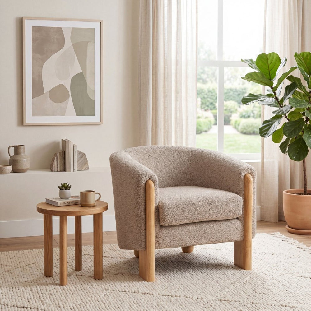 English Elm Boucle Textured Accent Chair with Rubberwood Legs for Living Room or Bedroom Light Brown/Natural N776P469088B