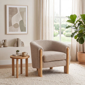 English Elm Boucle Textured Accent Chair with Rubberwood Legs for Living Room or Bedroom Light Brown/Natural N776P469088B