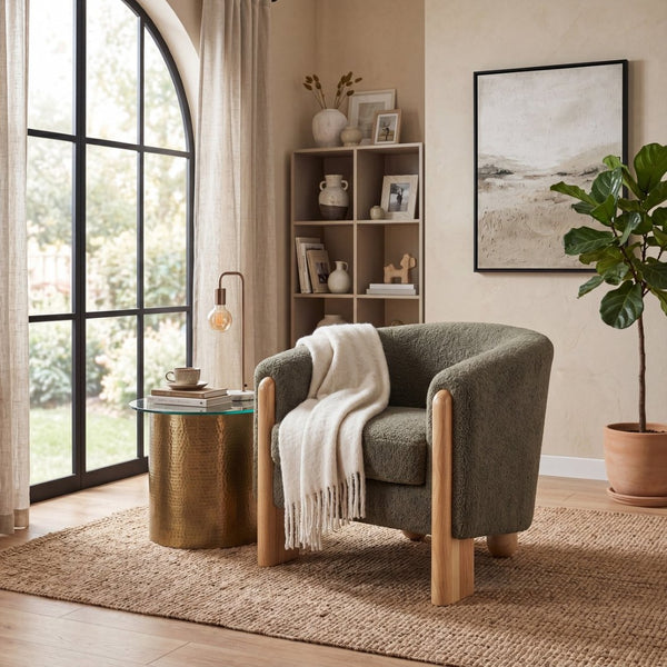 English Elm Boucle Textured Accent Chair with Rubberwood Legs for Living Room or Bedroom Natural/Olive Green N776P469088G
