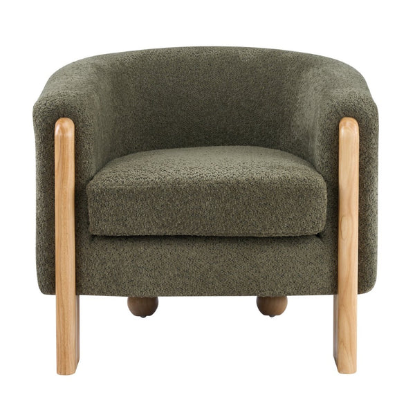 English Elm Boucle Textured Accent Chair with Rubberwood Legs for Living Room or Bedroom Natural/Olive Green N776P469088G