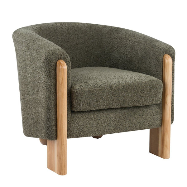 English Elm Boucle Textured Accent Chair with Rubberwood Legs for Living Room or Bedroom Natural/Olive Green N776P469088G