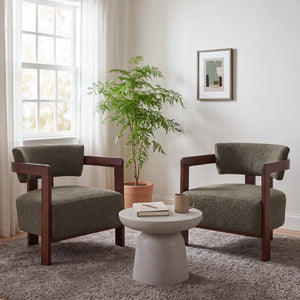 English Elm Boucle Accent Arm Chairs Set of Two Mid Century Walnut Rubberwood Living Room Seating N776P481462G-2