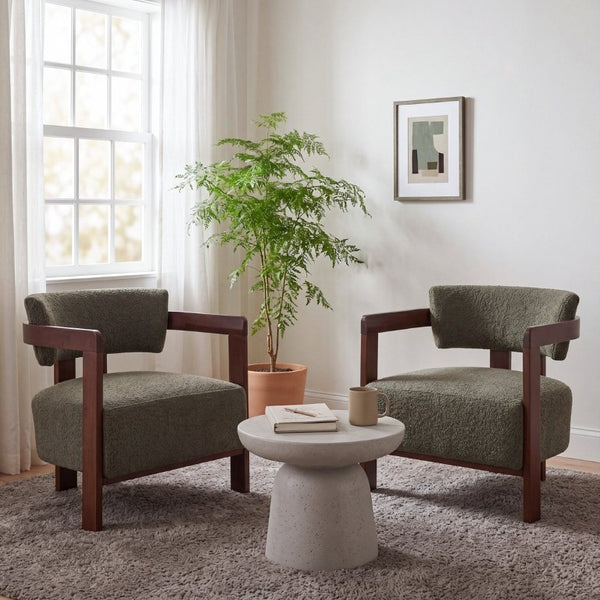 English Elm Boucle Accent Arm Chairs Set of Two Mid Century Walnut Rubberwood Living Room Seating N776P481462G-2