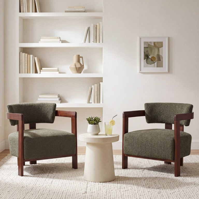 English Elm Boucle Accent Arm Chairs Set of Two Mid Century Walnut Rubberwood Living Room Seating N776P481462G-2