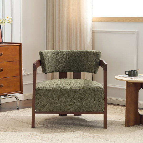 English Elm Boucle Textured Mid-century Accent Chair with Solid Rubberwood Walnut Legs for Reading Nooks Olive / Walnut N776P481462G