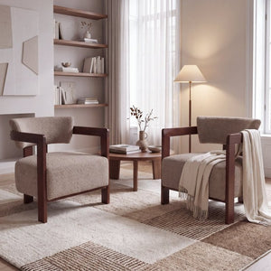 English Elm Boucle Accent Arm Chair Set of Two with Walnut Rubberwood Frame Mid Century Modern Light Brown / Walnut N776P481462L-2