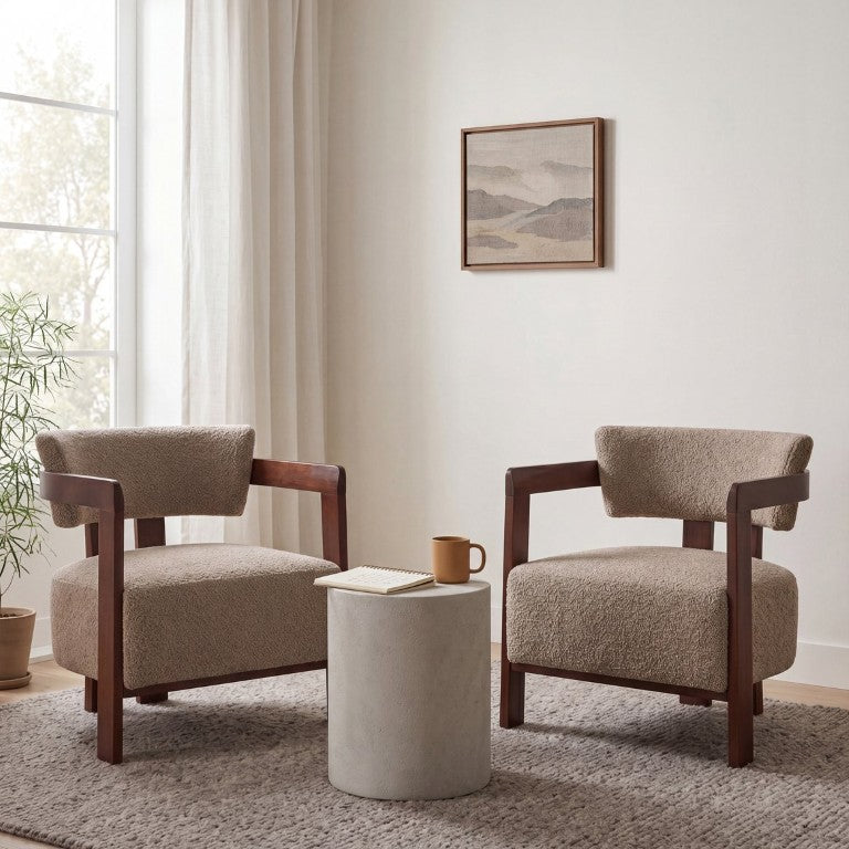 English Elm Boucle Accent Arm Chair Set of Two with Walnut Rubberwood Frame Mid Century Modern Light Brown / Walnut N776P481462L-2