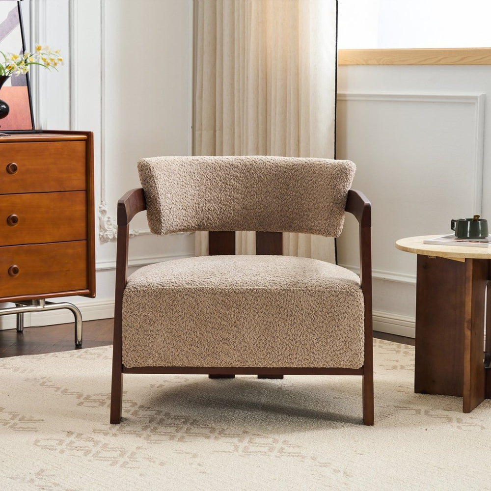 English Elm Boucle Textured Mid-century Accent Chair with Solid Rubberwood Walnut Legs for Reading Nooks Light Brown / Walnut N776P481462L