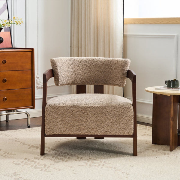 English Elm Boucle Textured Mid-century Accent Chair with Solid Rubberwood Walnut Legs for Reading Nooks Light Brown / Walnut N776P481462L